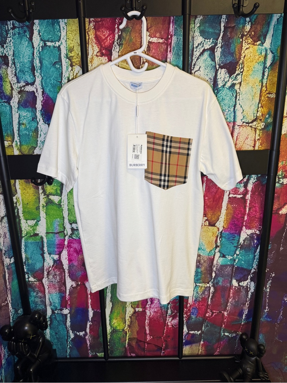 Burberry White Short-Sleeve Tee with Beige Check Pocket XXL